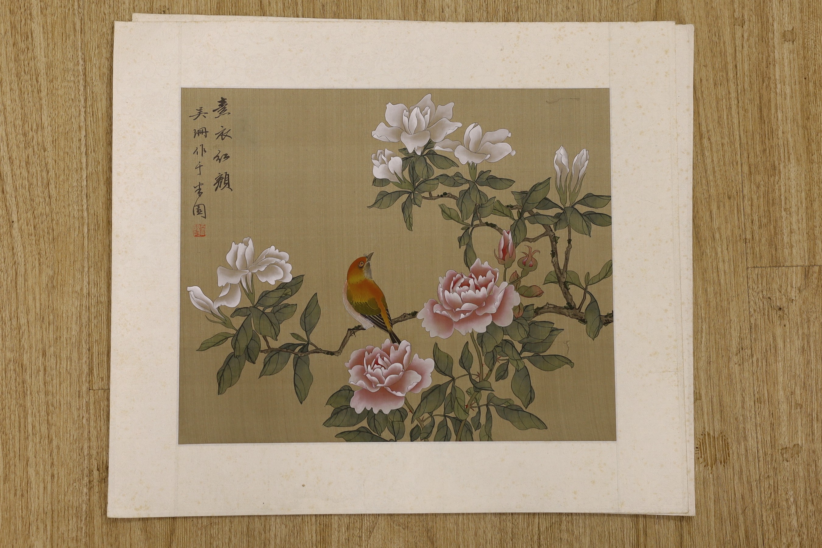 Chinese School, late 20th century, four paintings on silk “Or butterflies amid blossoming branches, 30 cm X 36 cm